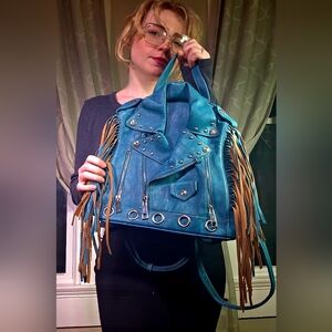 Cowgirl Trendy Backpack Blazer Blue Jacket Fringe Bag
